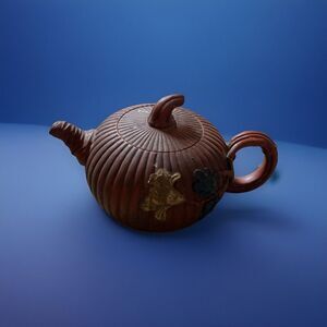 Chinese‎ Yixing Zisha Clay Pottery Teapot  Pumpkin Shaped With Flower